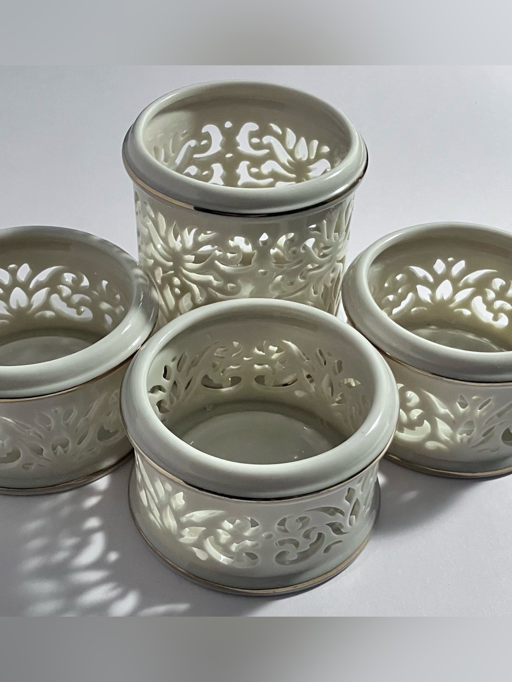 4 LENOX ILLUMINATIONS Pierced VOTIVE CANDLE HOLDERS / Elegant IVORY BONE CHINA